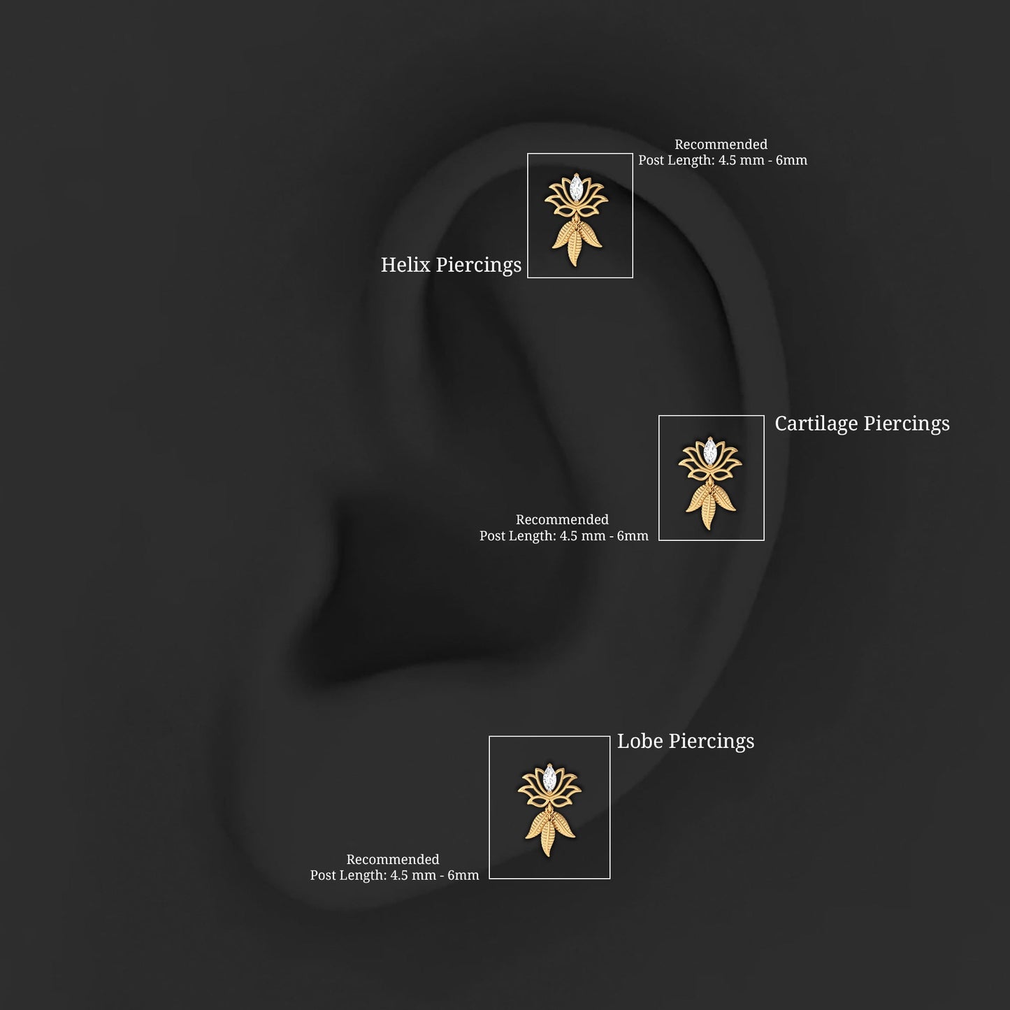 Marquise Moissanite Lotus Drop Earring for Cartilage Piercing