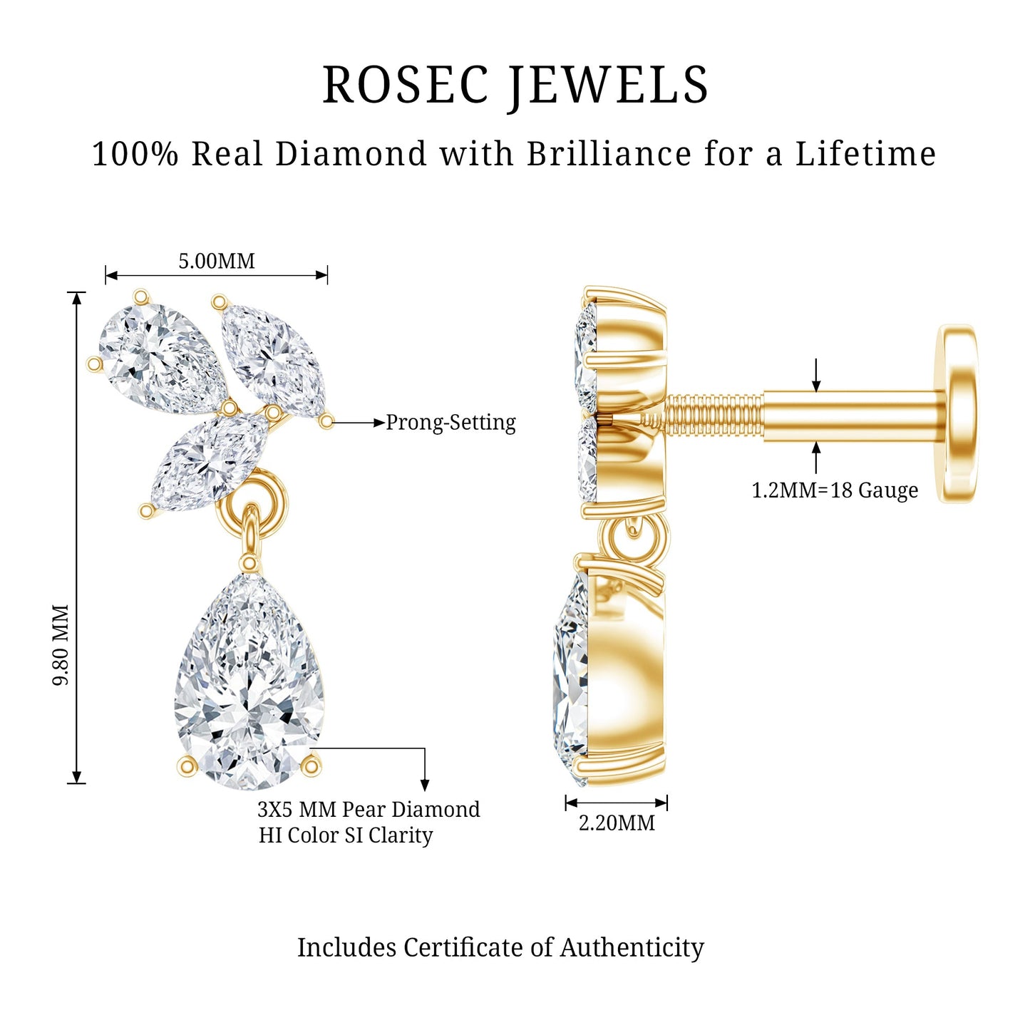 Natural Diamond Teardrop Cartilage Earring With Certificate