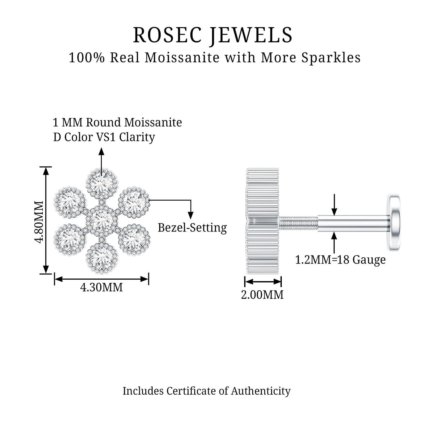 Moissanite Flower Cartilage Earring in Beaded Bezel Setting