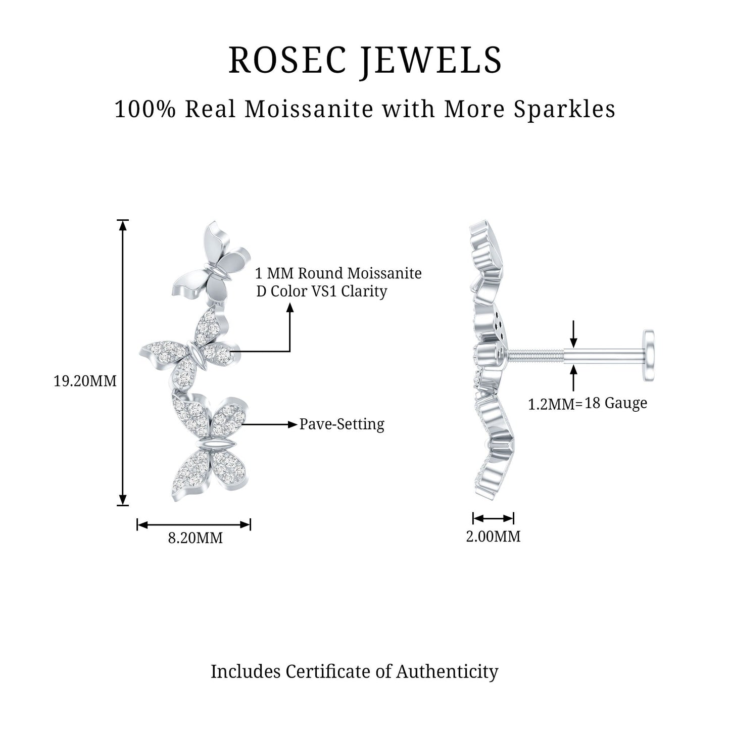 Moissanite Butterfly Climber Earring for Helix Piercing