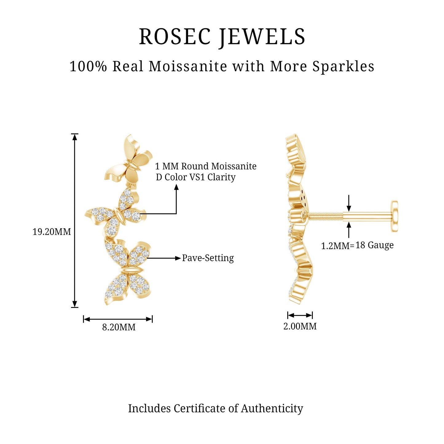 Moissanite Butterfly Climber Earring for Helix Piercing