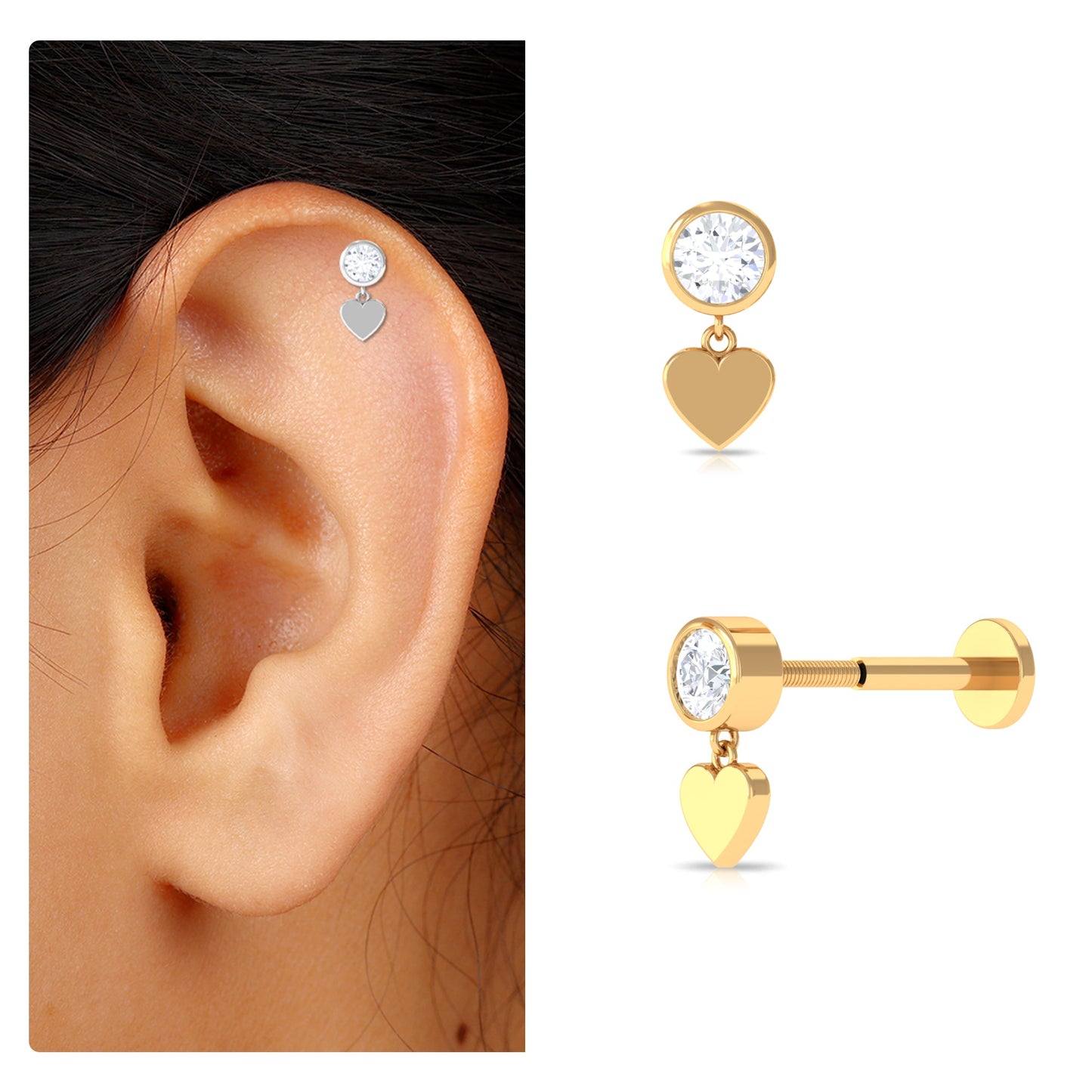 Round Moissanite Heart Drop Earring for Helix Piercing