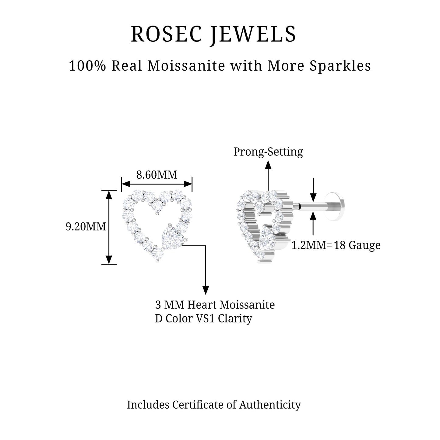 Certified Moissanite Heart Cartilage Earring