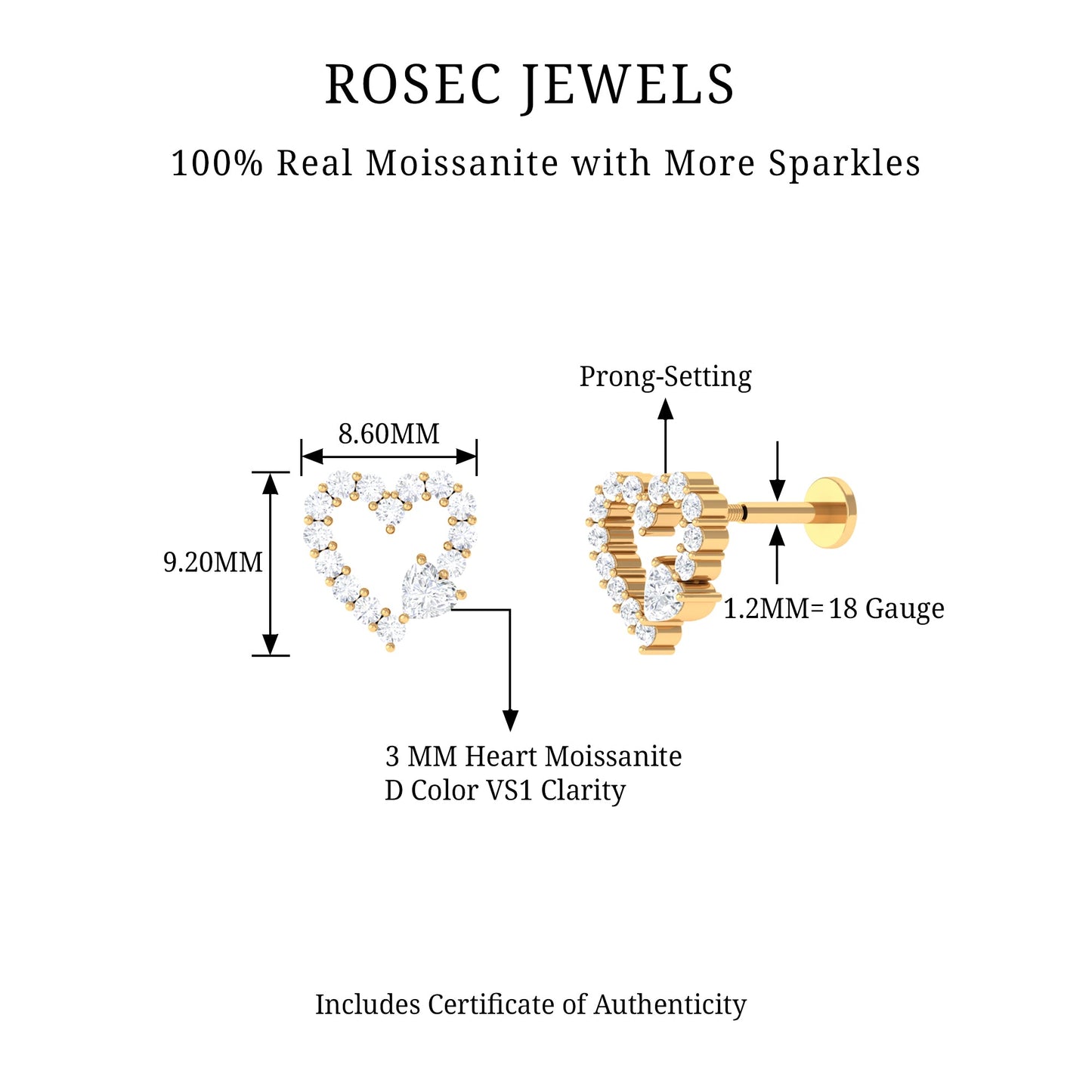 Certified Moissanite Heart Cartilage Earring