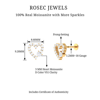 Certified Moissanite Heart Cartilage Earring