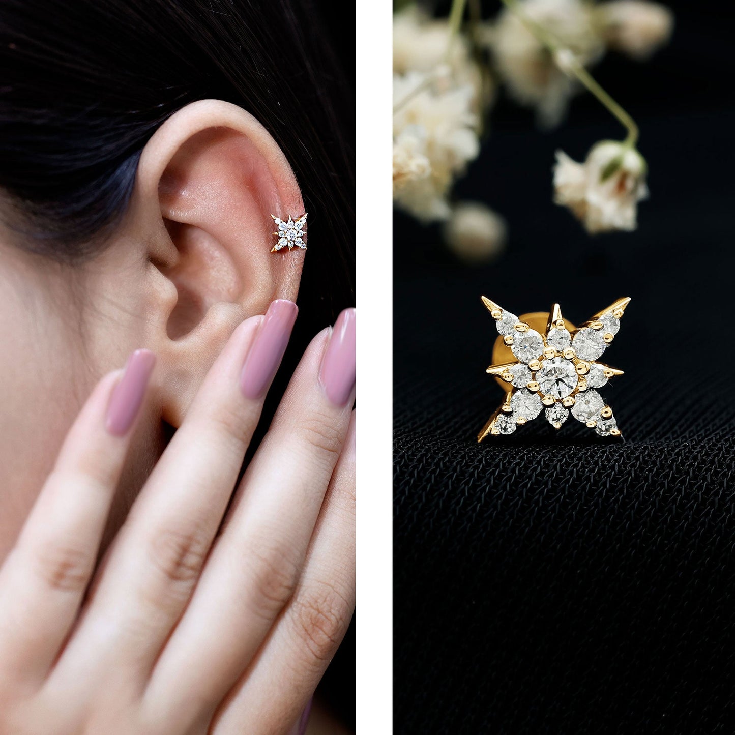 Moissanite Starburst Cartilage Earring with Flat Back