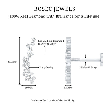 Natural Diamond Cluster Crawler Earring for Helix Piercing