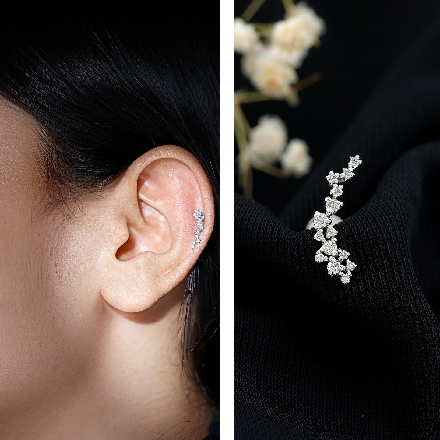 Natural Diamond Cluster Crawler Earring for Helix Piercing