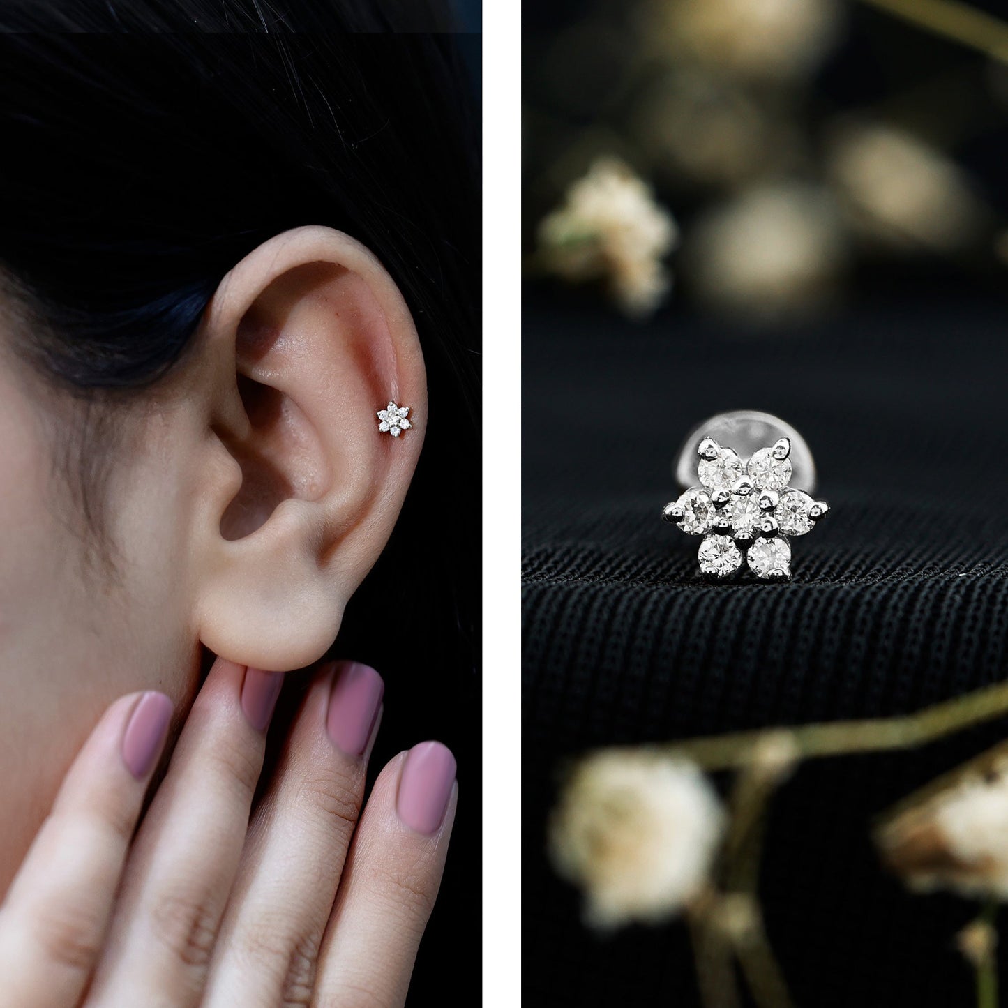 Tiny Moissanite Flower Cluster Earring for Conch Piercing