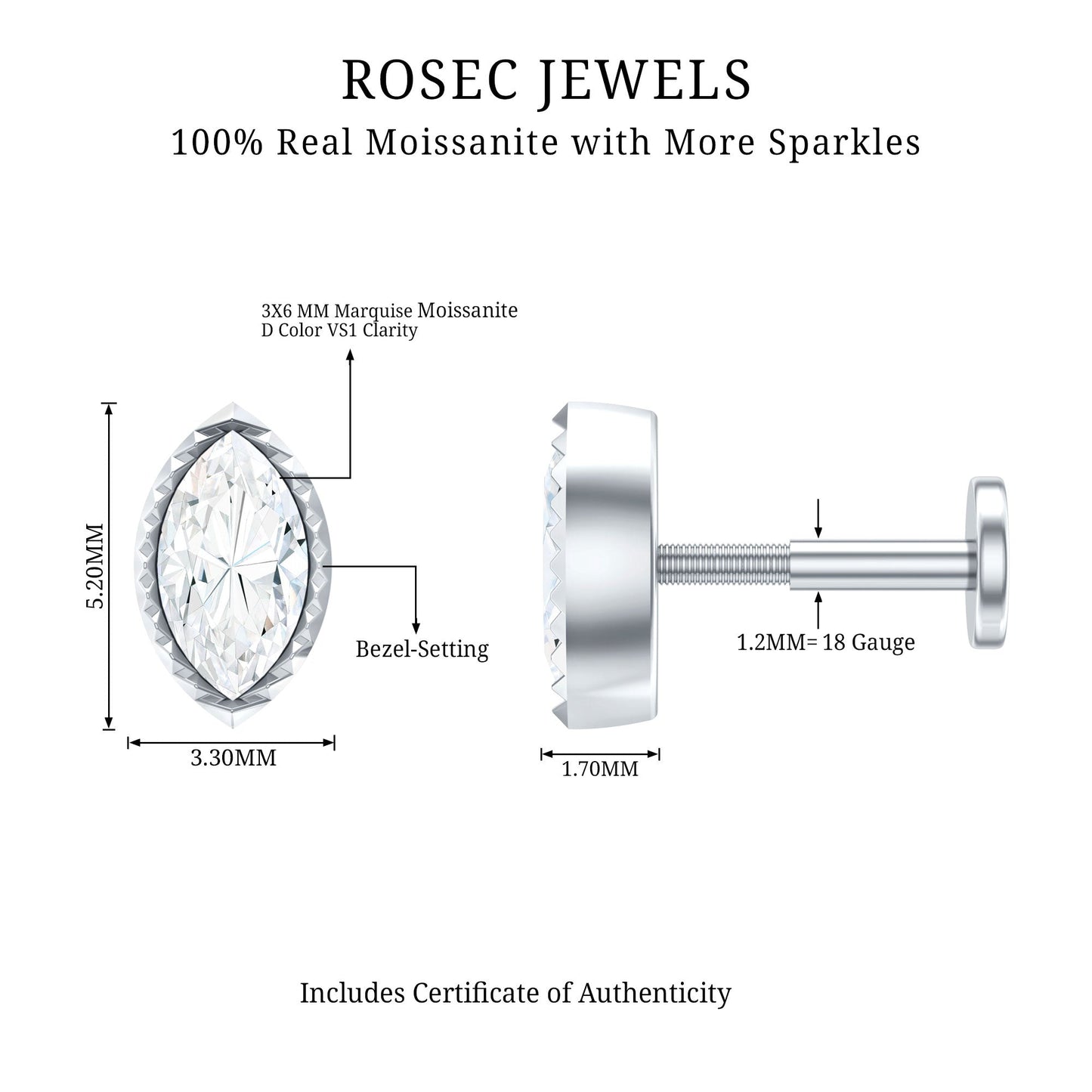Marquise Moissanite Solitaire Tragus Earring in Bezel Setting