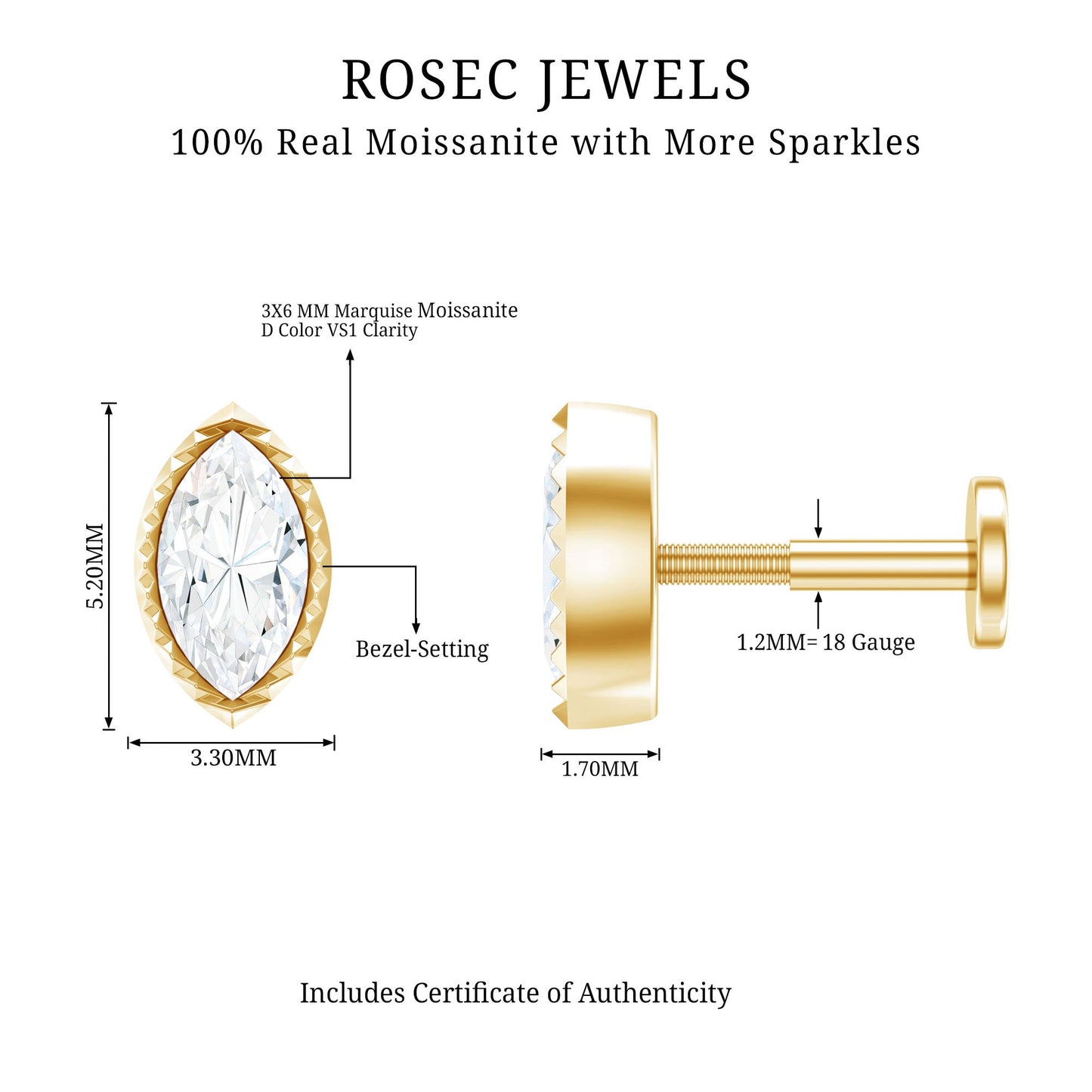 Marquise Moissanite Solitaire Tragus Earring in Bezel Setting