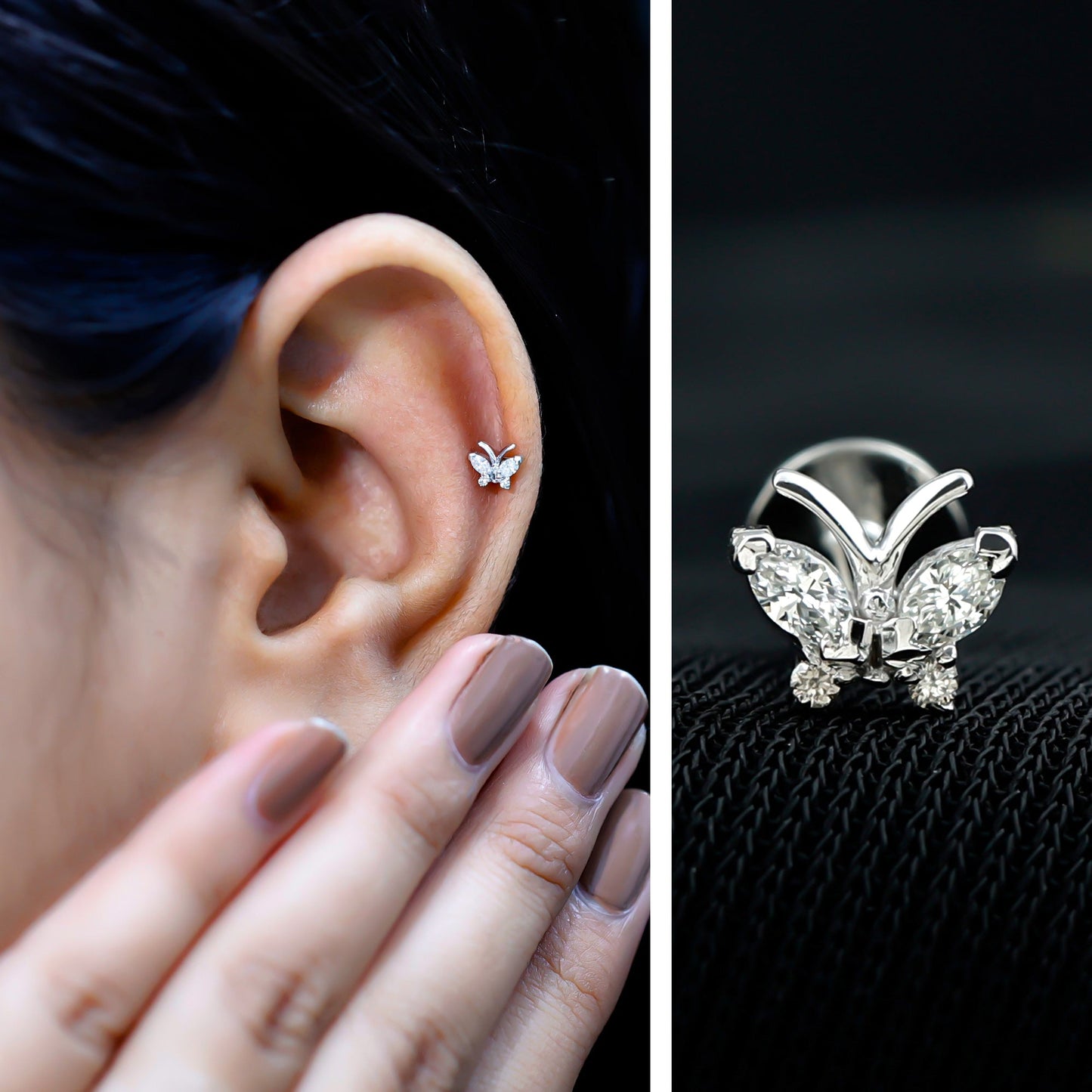 Natural Diamond Butterfly Earring for Helix Piercing