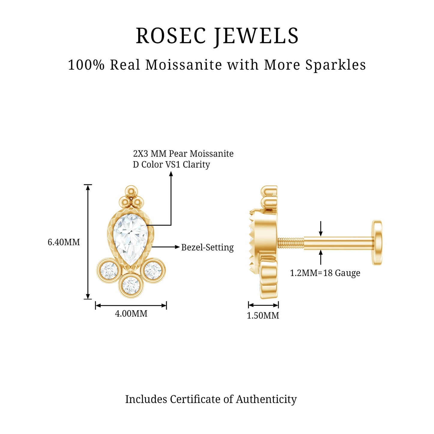Vintage Style Moissanite Tragus Earring in Bezel Setting