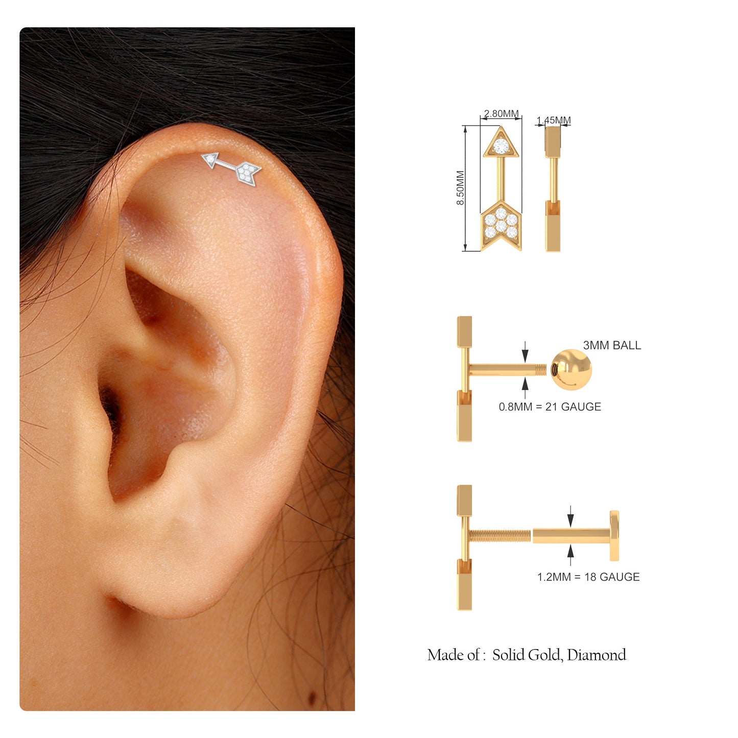 Minimalist Diamond Arrow Earring for Helix Piercing