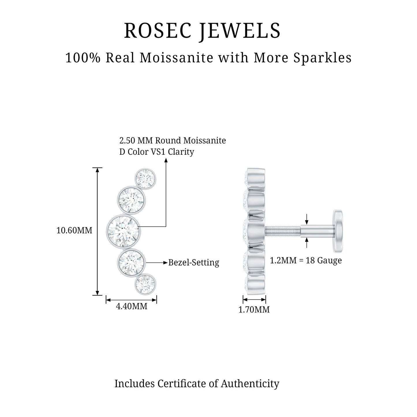 Bezel Set Moissanite Curved Helix Earring in Graduated Style