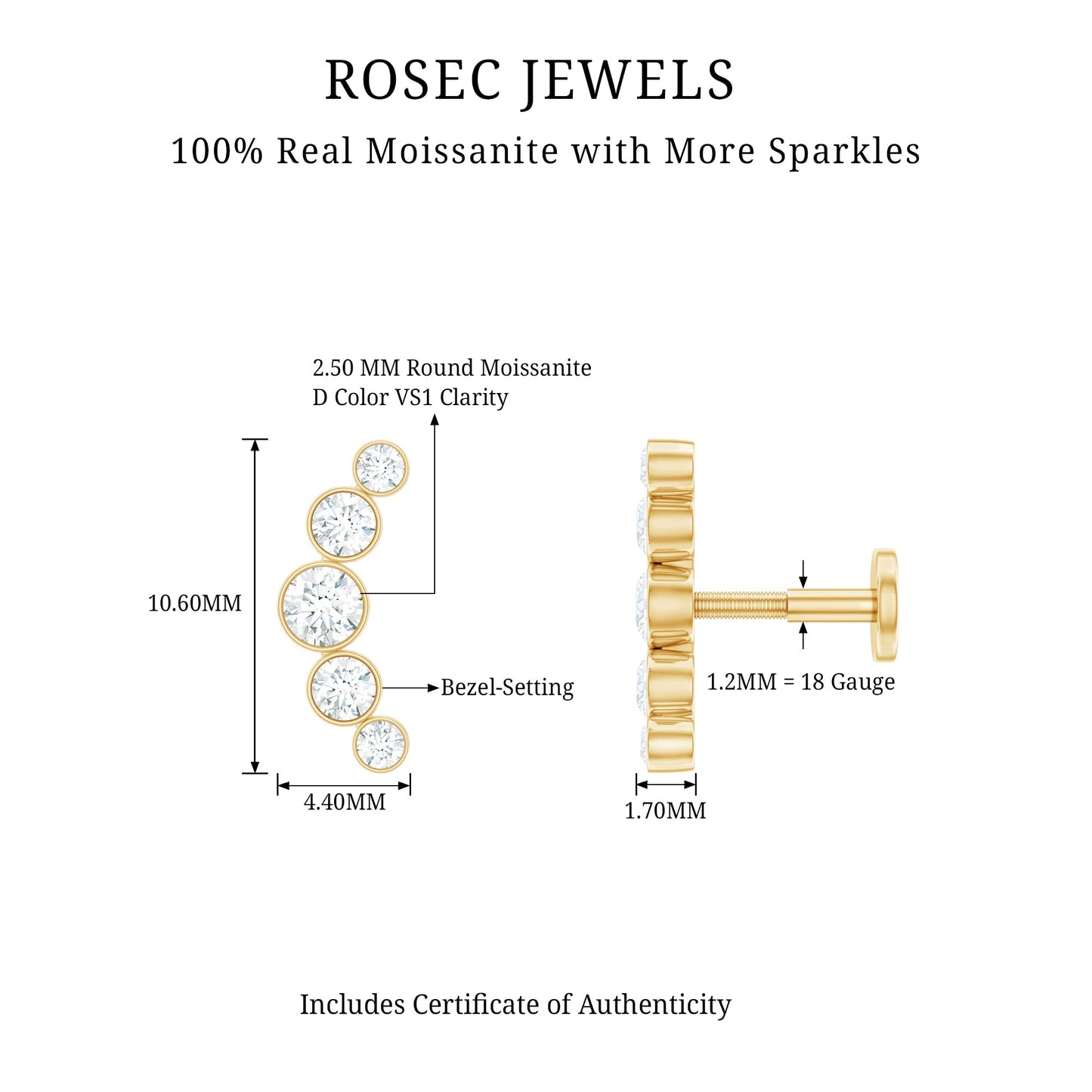 Bezel Set Moissanite Curved Helix Earring in Graduated Style