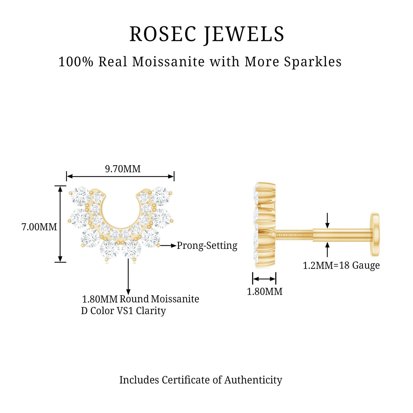 Certified Moissanite Cluster Curved Conch Earring