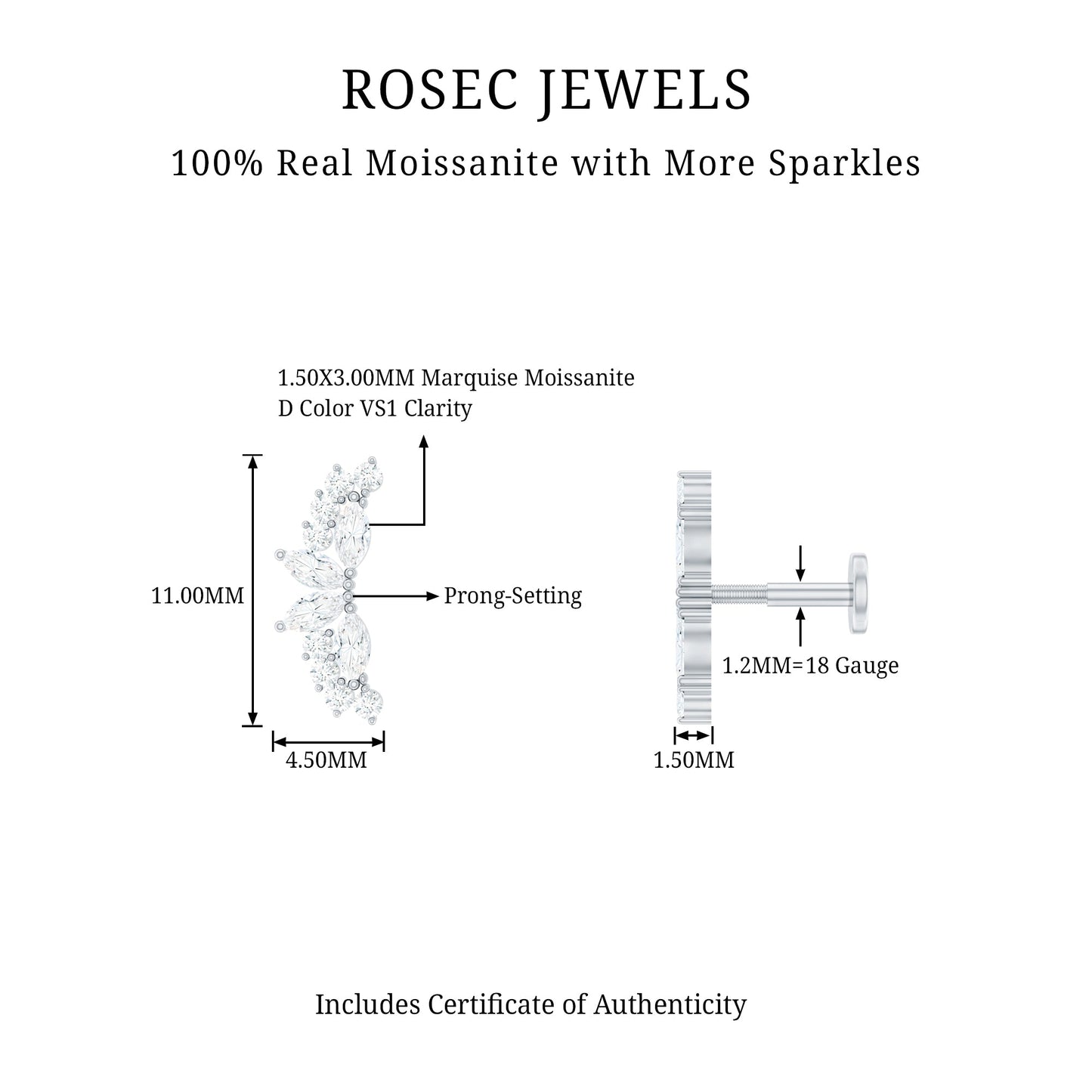 Marquise and Round Moissanite Curved Crawler Earring