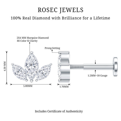 Marquise Cut Diamond Lotus Flower Earring for Helix Piercing