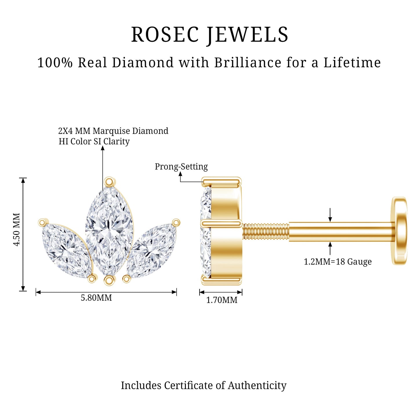 Marquise Cut Diamond Lotus Flower Earring for Helix Piercing