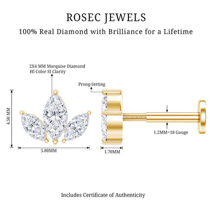 Marquise Cut Diamond Lotus Flower Earring for Helix Piercing