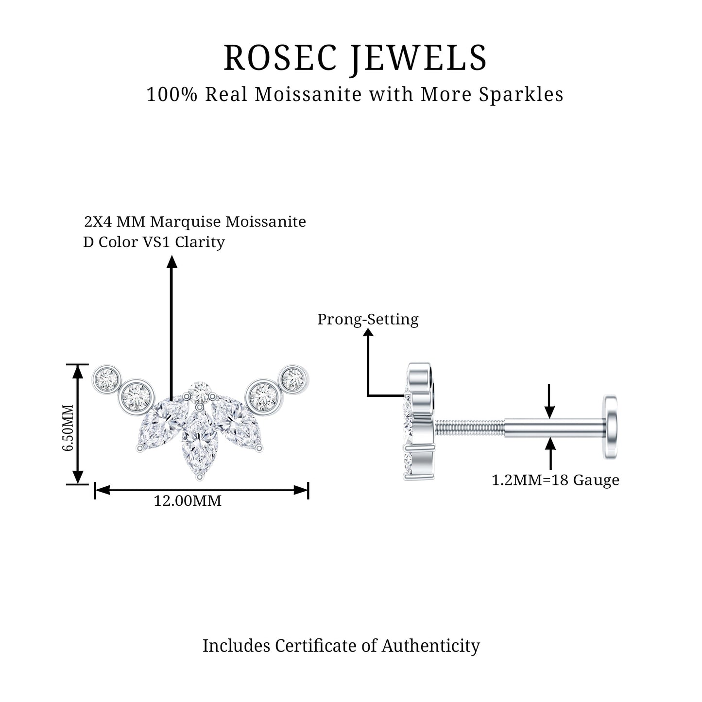 Marquise Moissanite Curved Crawler Earring for Helix Piercing