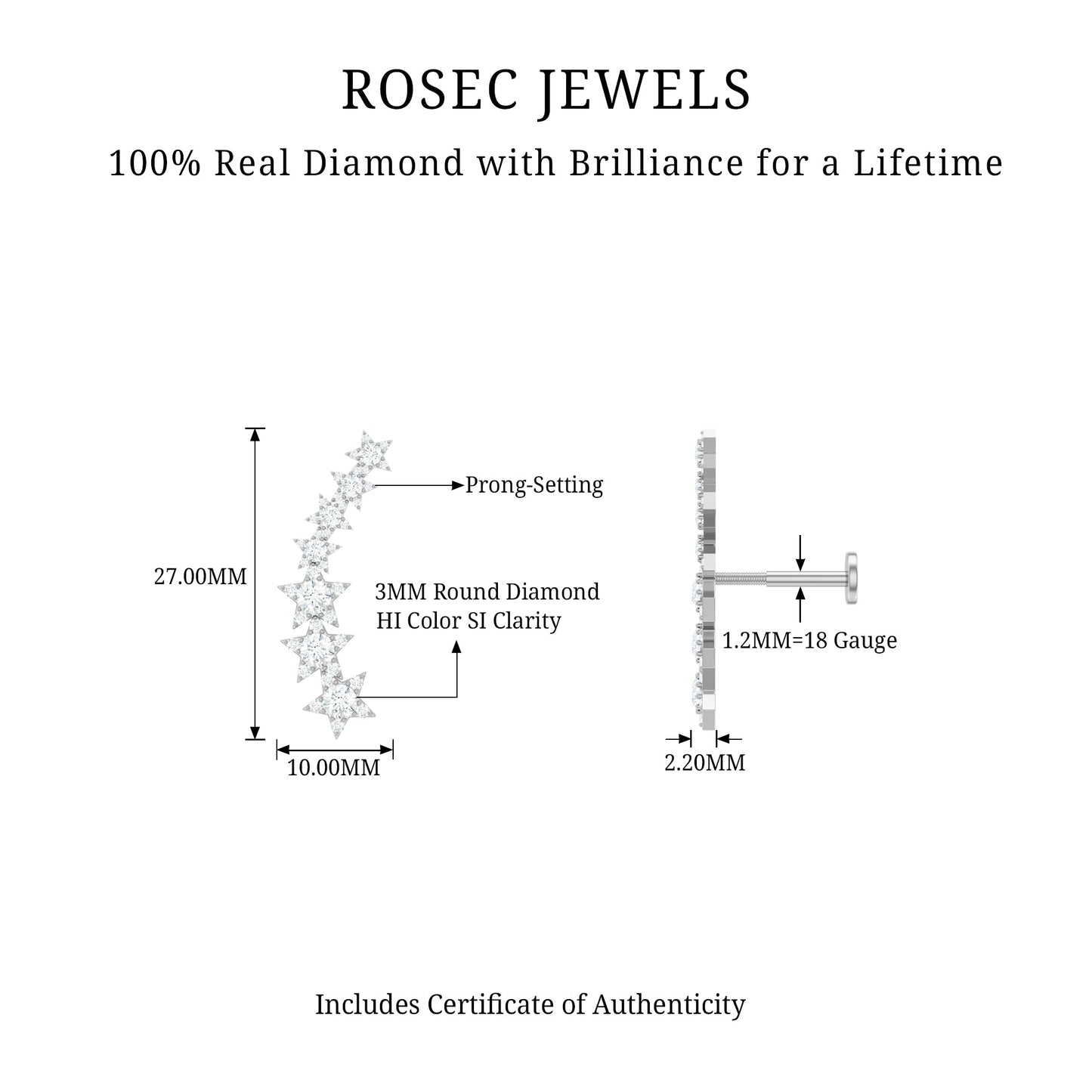Graduated Diamond Star Crawler Earring for Helix Piercing