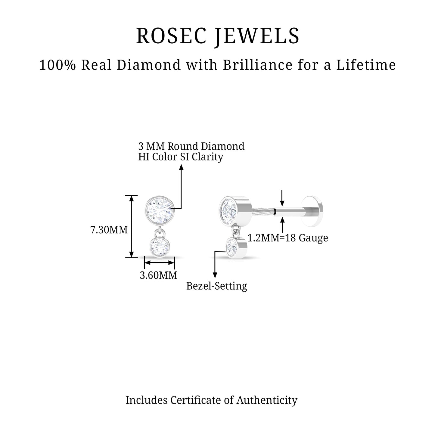 Certified Round Diamond Helix Drop Earring in Bezel Set