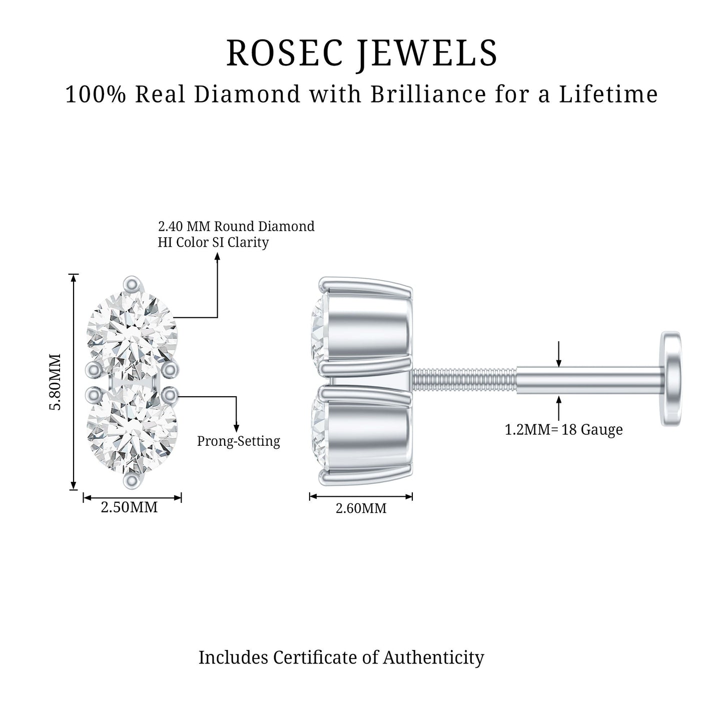 Natural Diamond 2 Stone Earring for Tragus Piercing