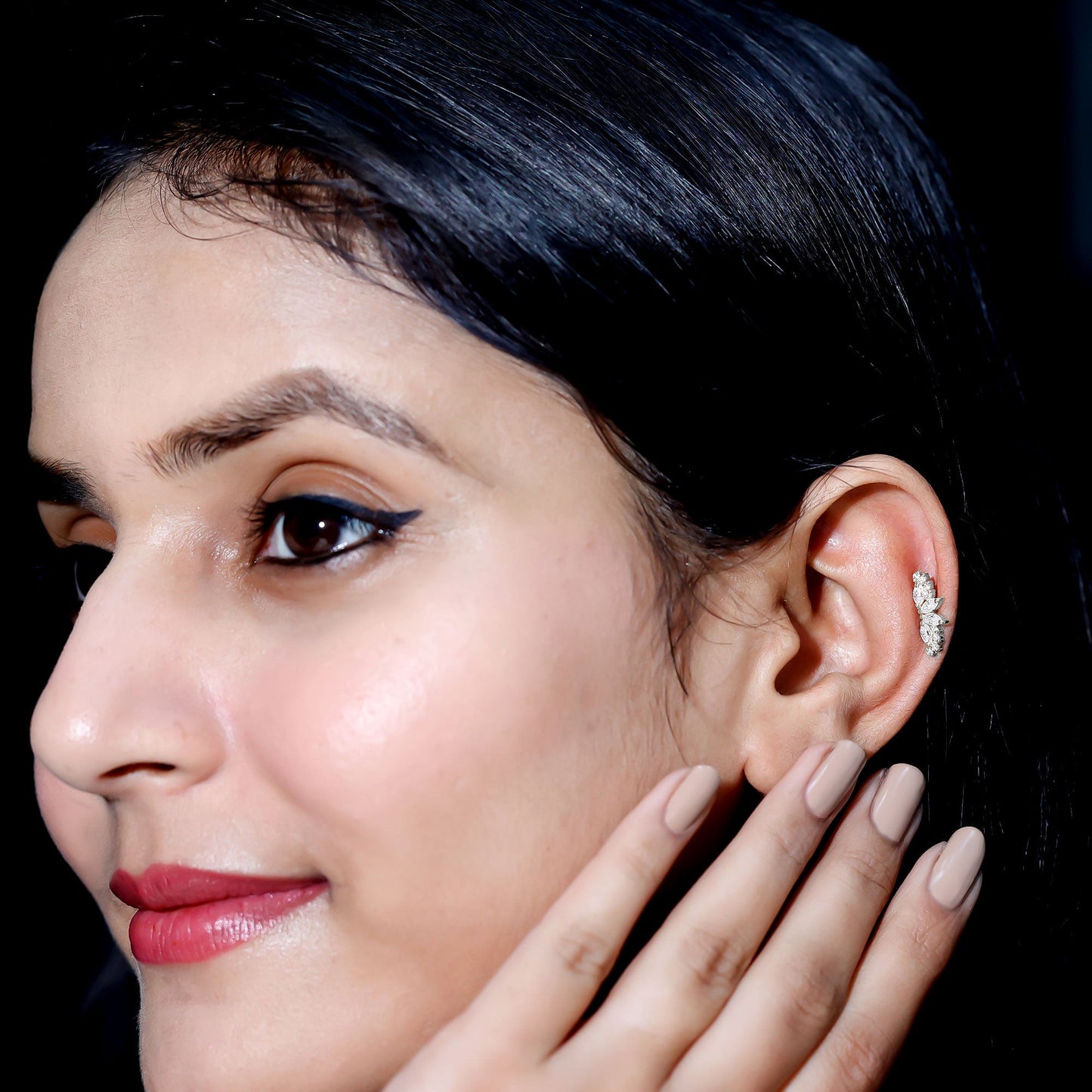 Certified Moissanite Cluster Crawler Earring for Helix Piercing