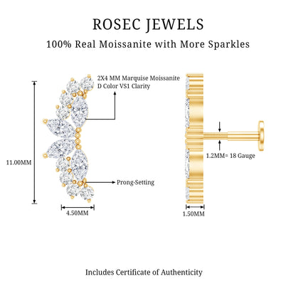 Certified Moissanite Cluster Crawler Earring for Helix Piercing