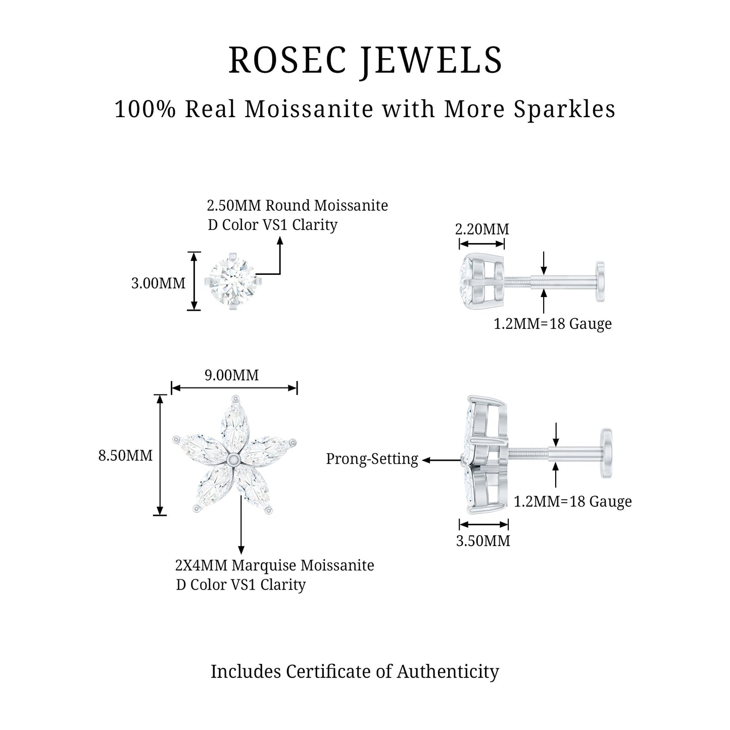 Marquise Moissanite Flower Cartilage Earring Set
