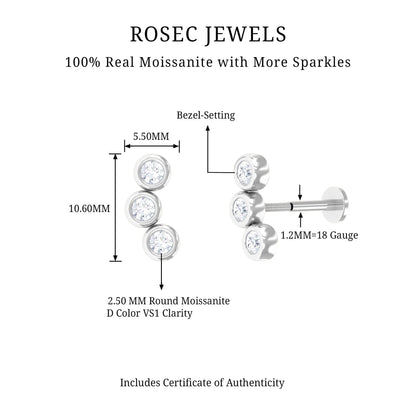 Bezel Set Moissanite Three Stone Crawler Earring
