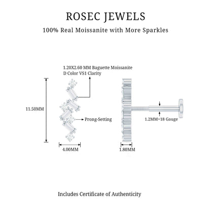 Baguette and Round Moissanite Cartilage Earring With Certificate