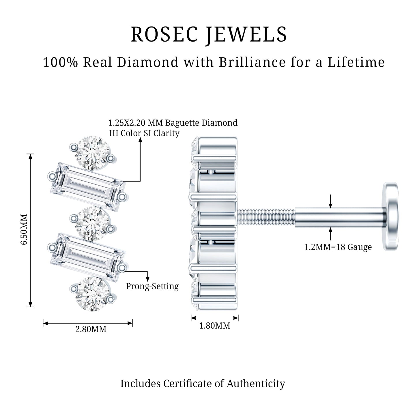 Genuine Baguette Diamond Tragus Earring With Certificate