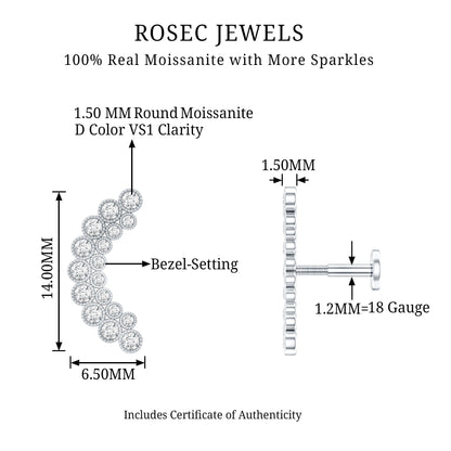 Moissanite Curved Helix Earring in Milgrain Bezel Setting