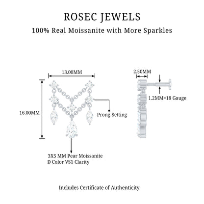 Pear Moissanite Double Chain Earring for Cartilage Piercing