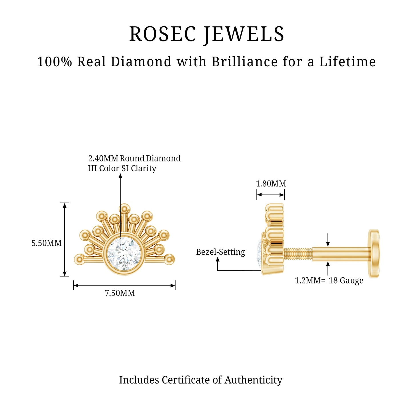 Bezel Set Diamond Sunburst Earring for Helix Piercing