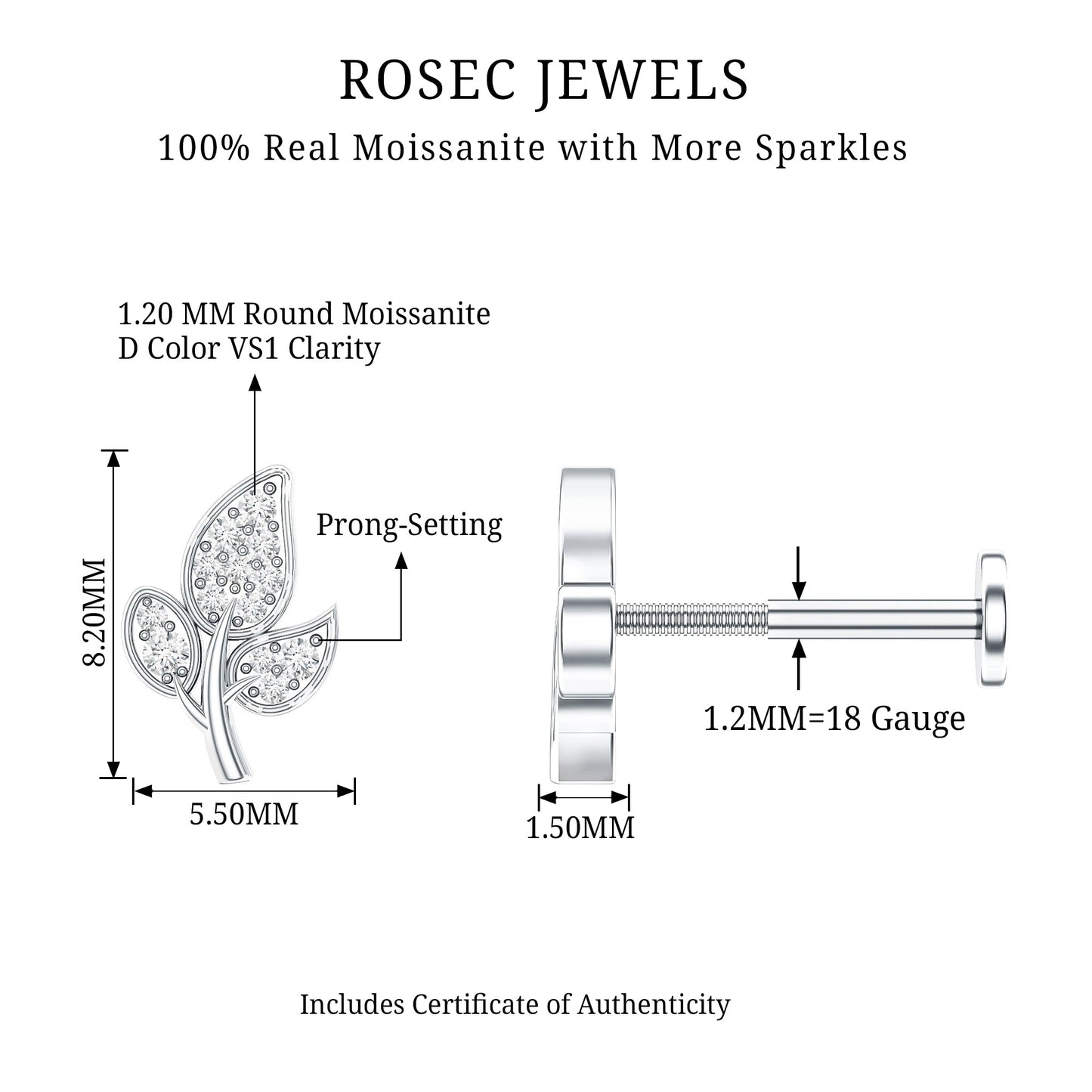 Dainty Moissanite Leaf Earring for Cartilage Piercing