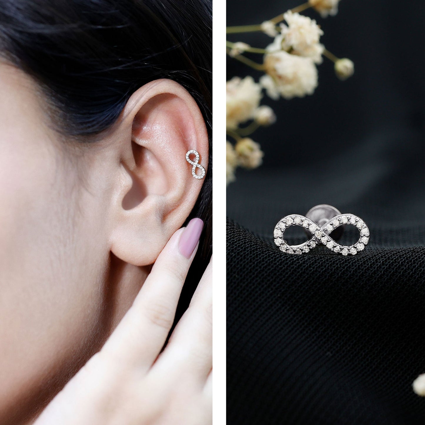 Round Diamond Infinity Earring for Cartilage Piercing