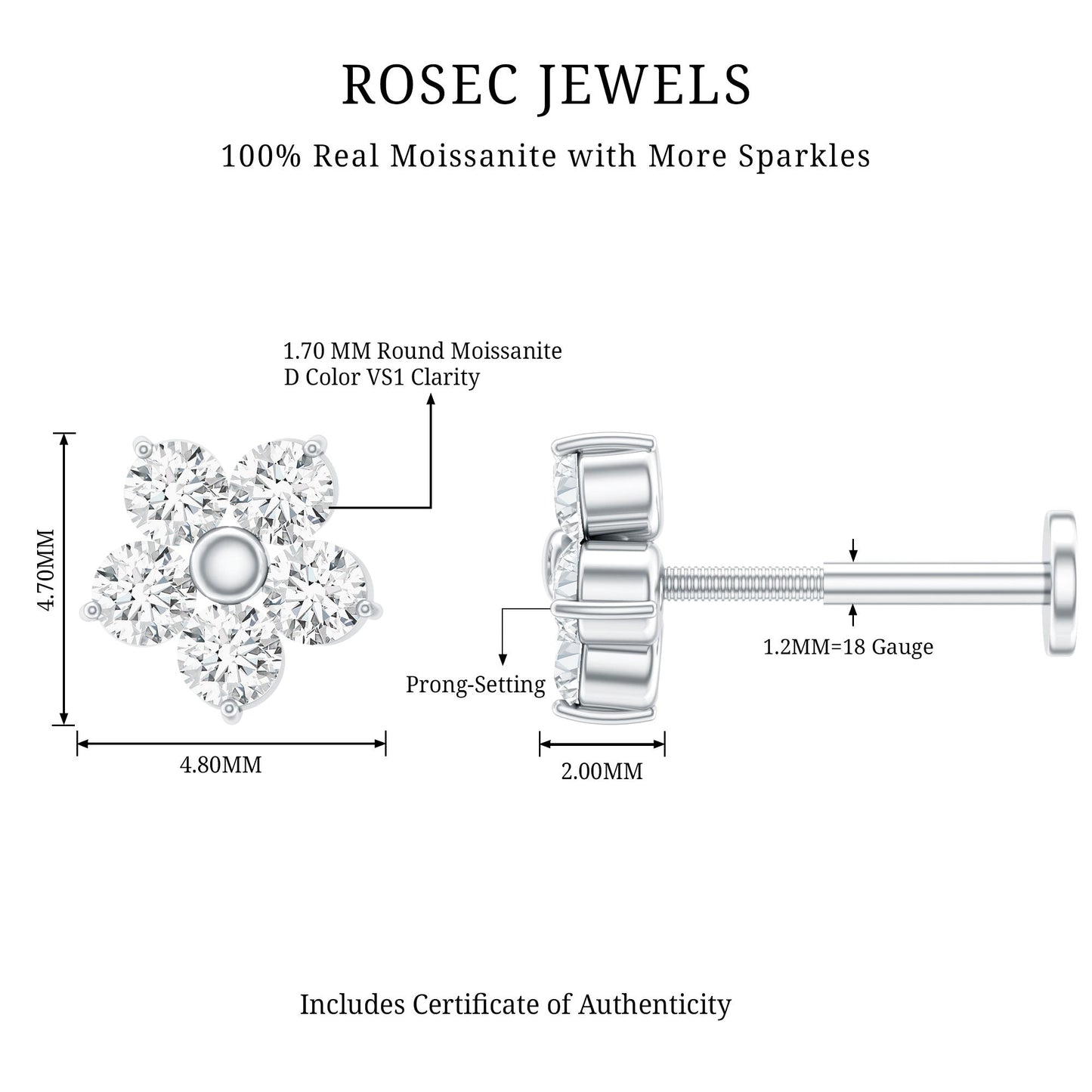Certified Round Moissanite Flower Earring for Conch Piercing