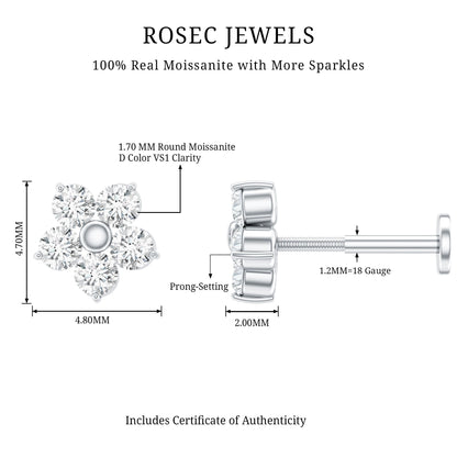 Certified Round Moissanite Flower Earring for Conch Piercing