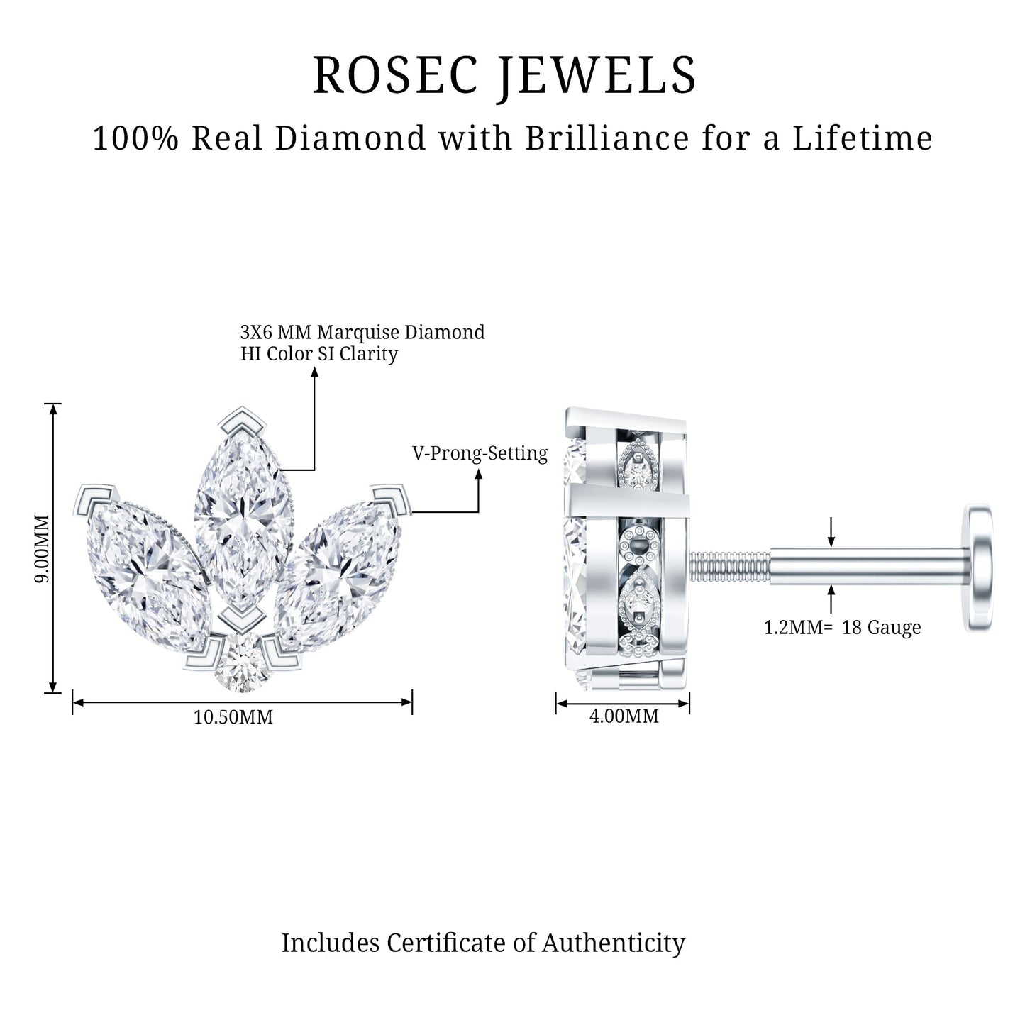 Marquise Diamond Lotus Flower Earring for Helix Piercing