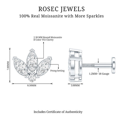 Certified Moissanite Lotus Earring for Cartilage Piercing