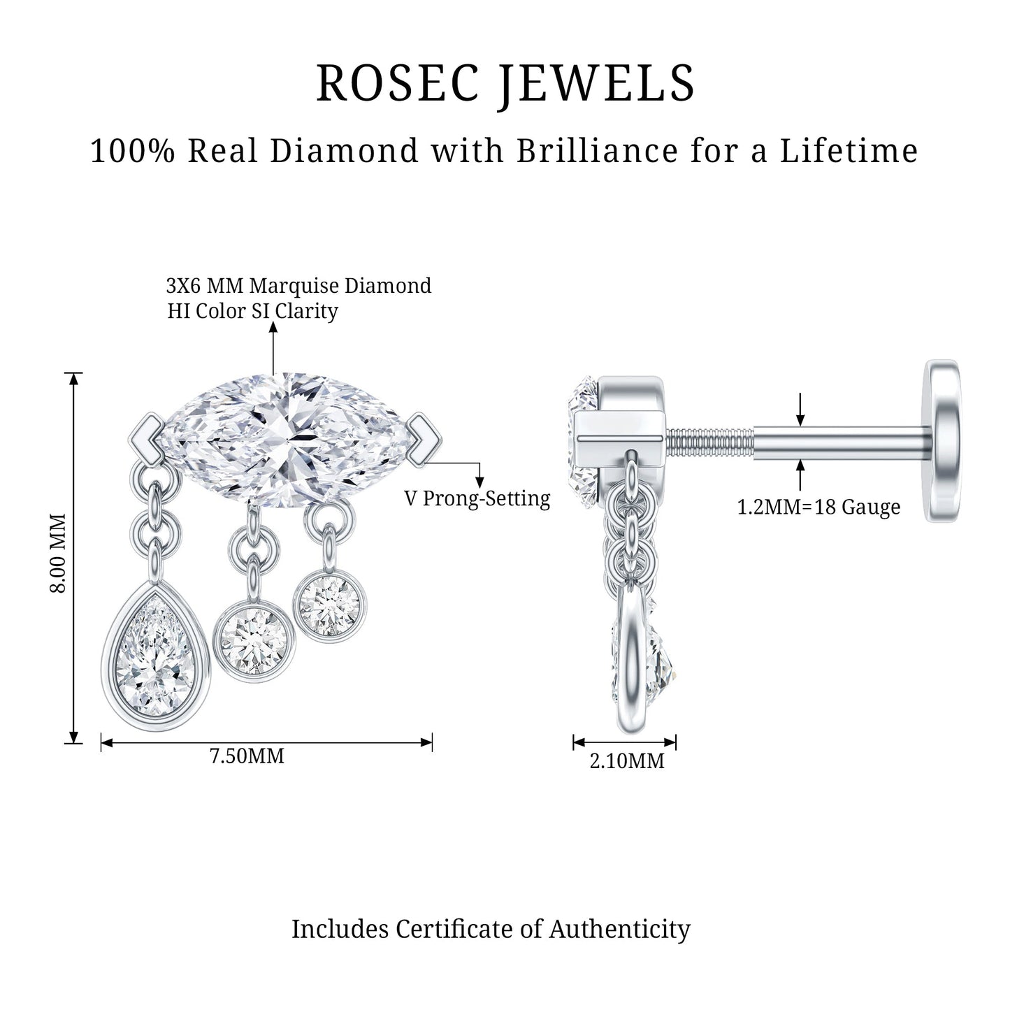 Marquise Diamond Drop Earring for Helix Piercing