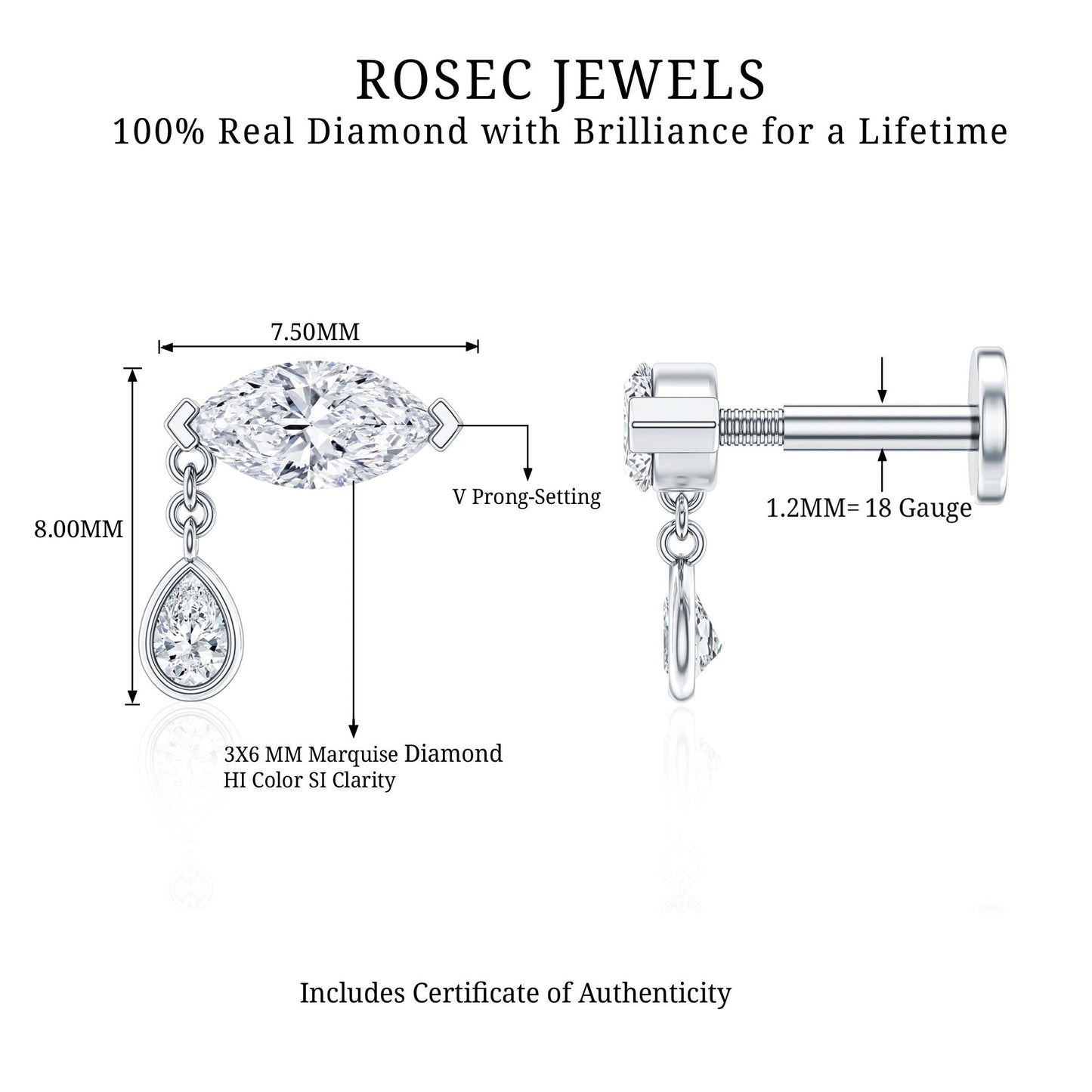 Real Marquise Diamond Cartilage Drop Earring