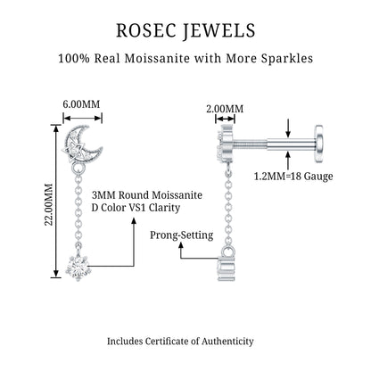 Moissanite Celestial Chain Drop Earring for Helix Piercing