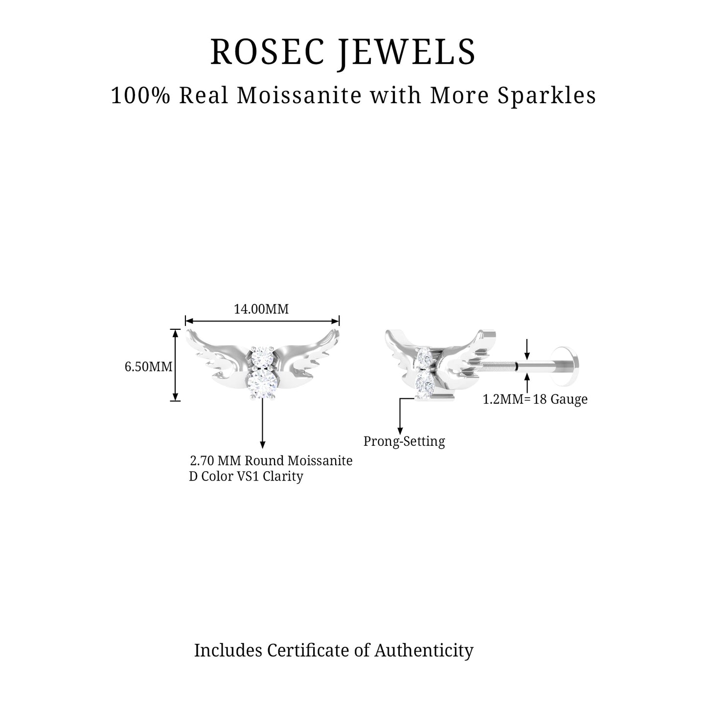 Round Moissanite Bat Earring for Cartilage Piercing