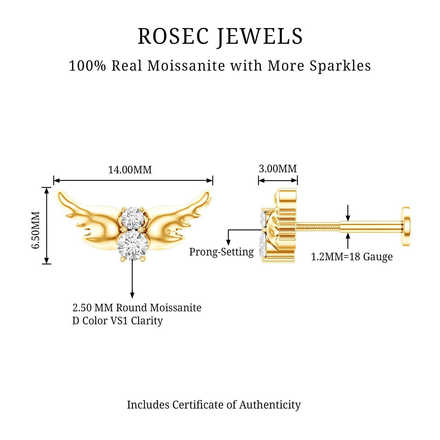 Round Moissanite Bat Earring for Cartilage Piercing
