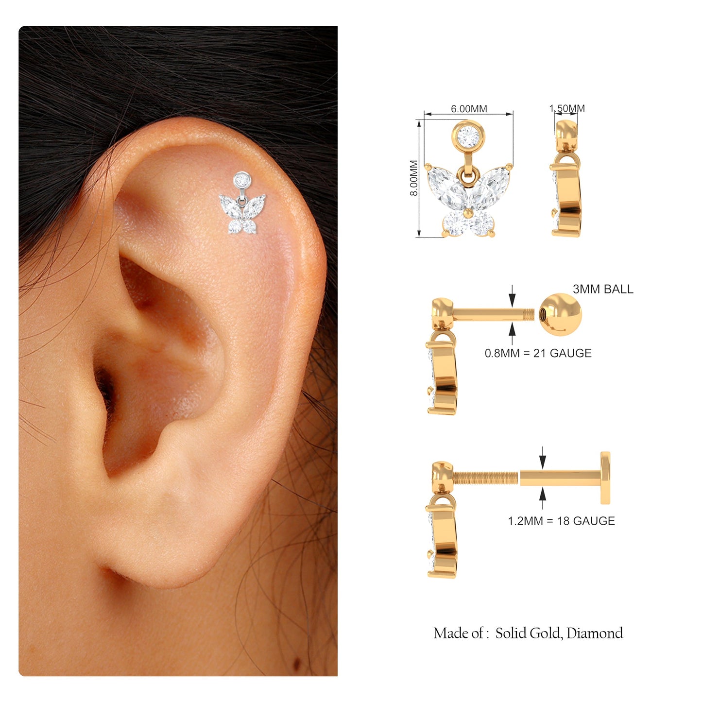 Marquise Moissanite Butterfly Dangly Earring for Helix Piercing
